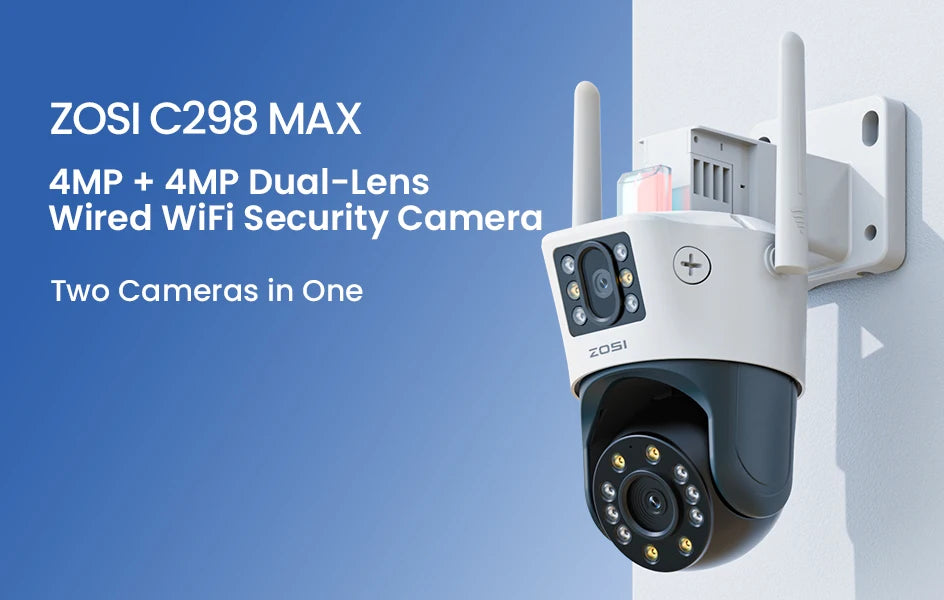 ZOSI C298 Max 4K 8MP Dual‑Lens PTZ Security Camera – 2×4MP Wide‑Angle Outdoor WiFi/Wired Surveillance Cam