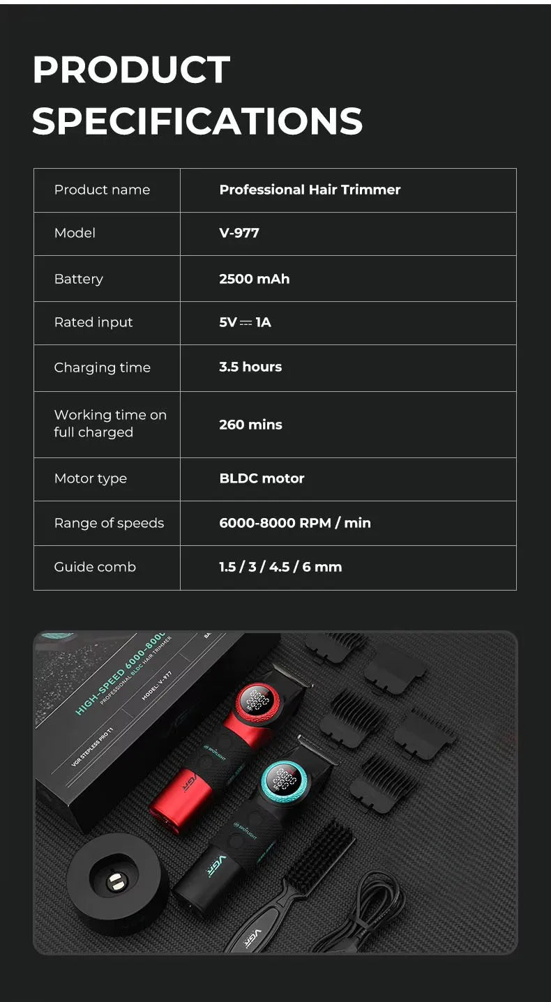 VGR V-001 PRO Hair Clipper – 9,000 RPM, 4600mAh, 300-Min Runtime
