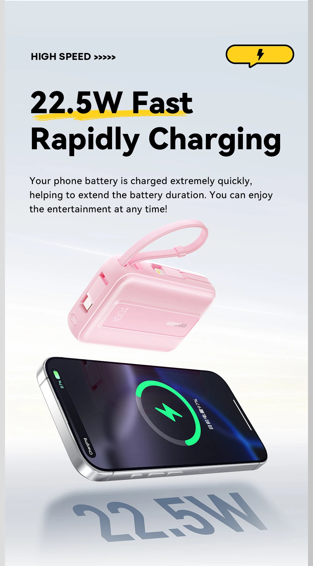 ESSAGER Mini prenosna baterija 20000mAh s kabli 22.5W PD