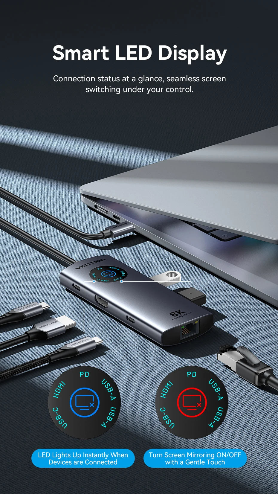 Vention vozlišče USB-C 8K/4K HDMI | LED-zaslon, USB-A/C 3.0, 3.2 Gen1, gigabitni ethernetni adapter