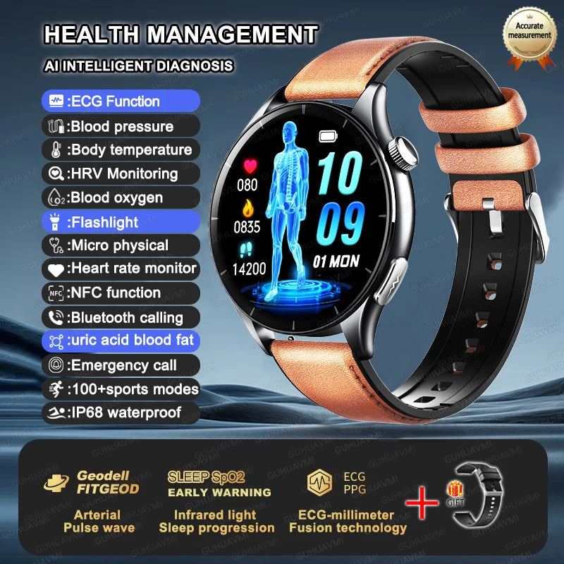 2025 New BMI Body Fat Blood Analysis Health Smartwatch NFC Bluetooth Call Smart Watch Led Flashlight Outdoor Sports Clock's Men - Limetastore