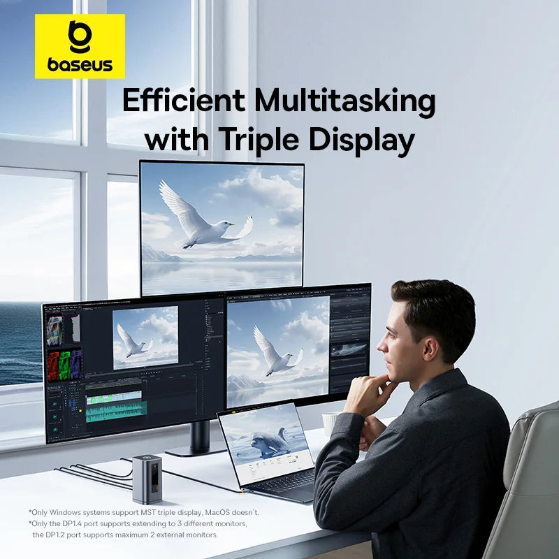Baseus 11‑v‑1 zvezdišče USB‑C | HDMI + DP 4K@60Hz MST trojni zaslon, USB 3.2, RJ45, PD100W, magnetna priklopna postaja