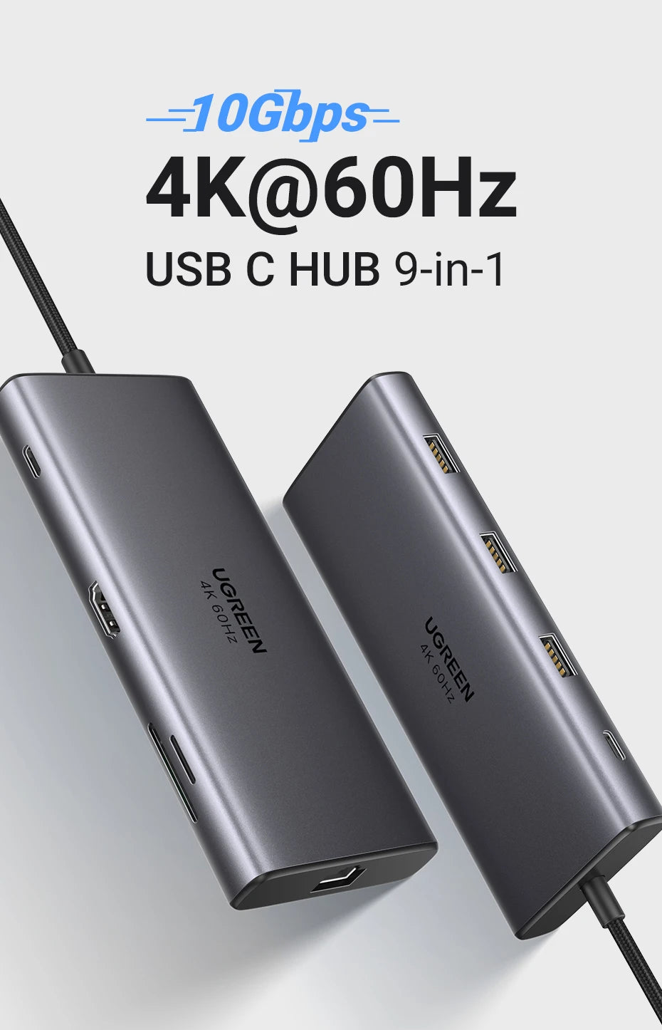 UGREEN 9-v-1 USB-C Hub s 4K60Hz HDMI, 10Gbps USB-vrati, gigabitnim Ethernetom, PD100W