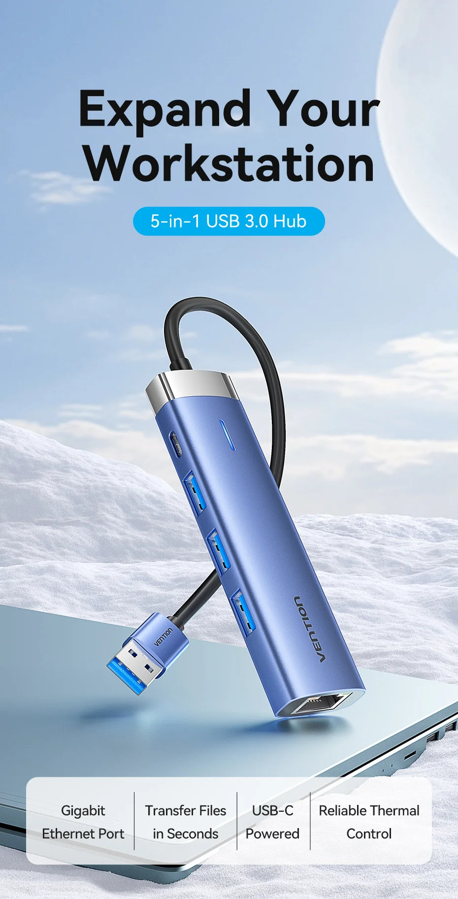 Vention USB 3.0 Ethernet HUB | Gigabit RJ45 1000Mbps Adapter with USB Expansion