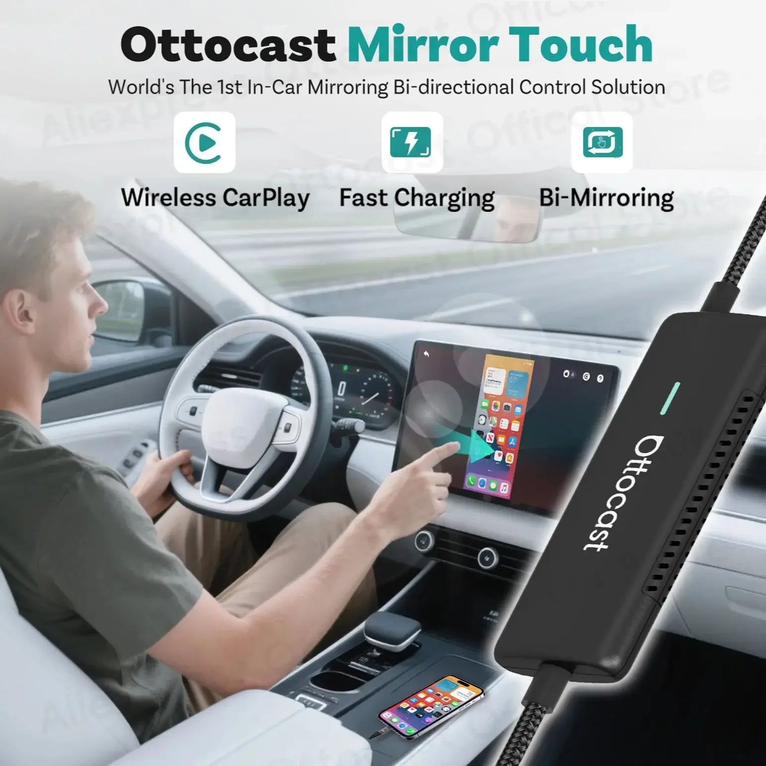 OTTOCAST Mirror Touch Bi‑Mirroring & Wireless CarPlay Adapter