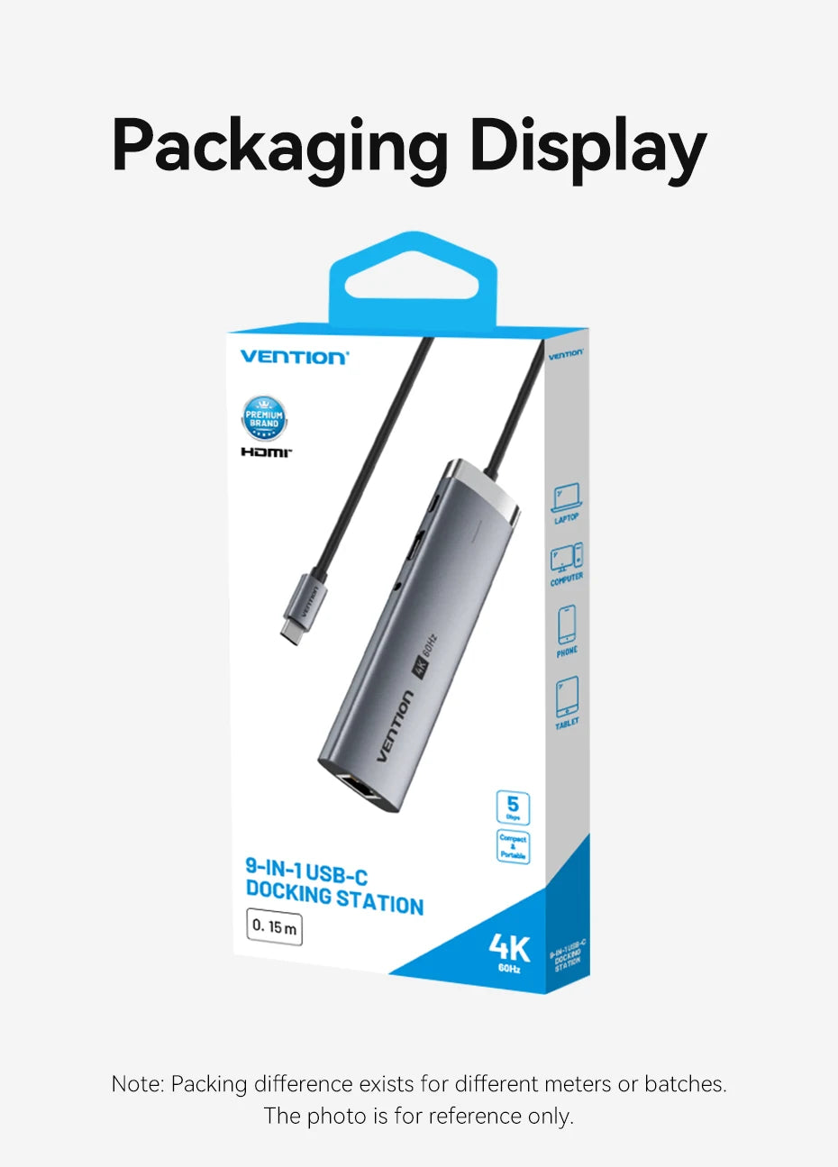 Vention USB‑C 9‑in‑1 Hub | HDMI 4K 60Hz, PD 100W, RJ45, USB 3.0 Docking Station