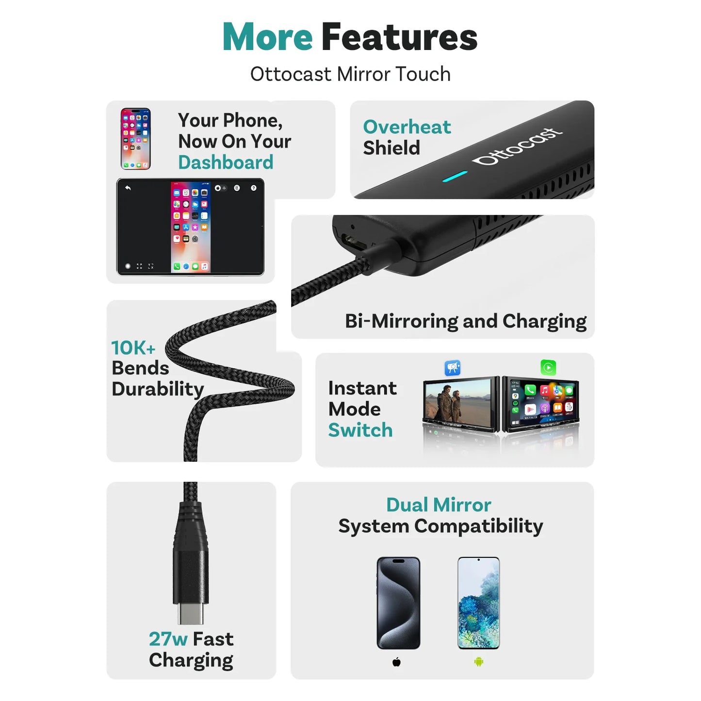 OTTOCAST Mirror Touch Bi‑Mirroring & Wireless CarPlay Adapter