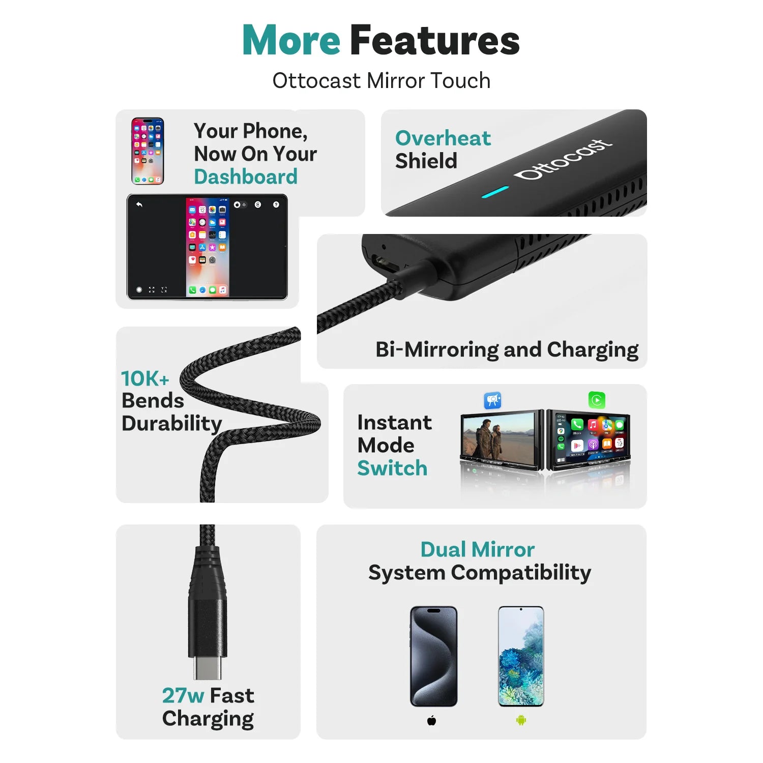OTTOCAST Mirror Touch Bi‑Mirroring & Wireless CarPlay Adapter