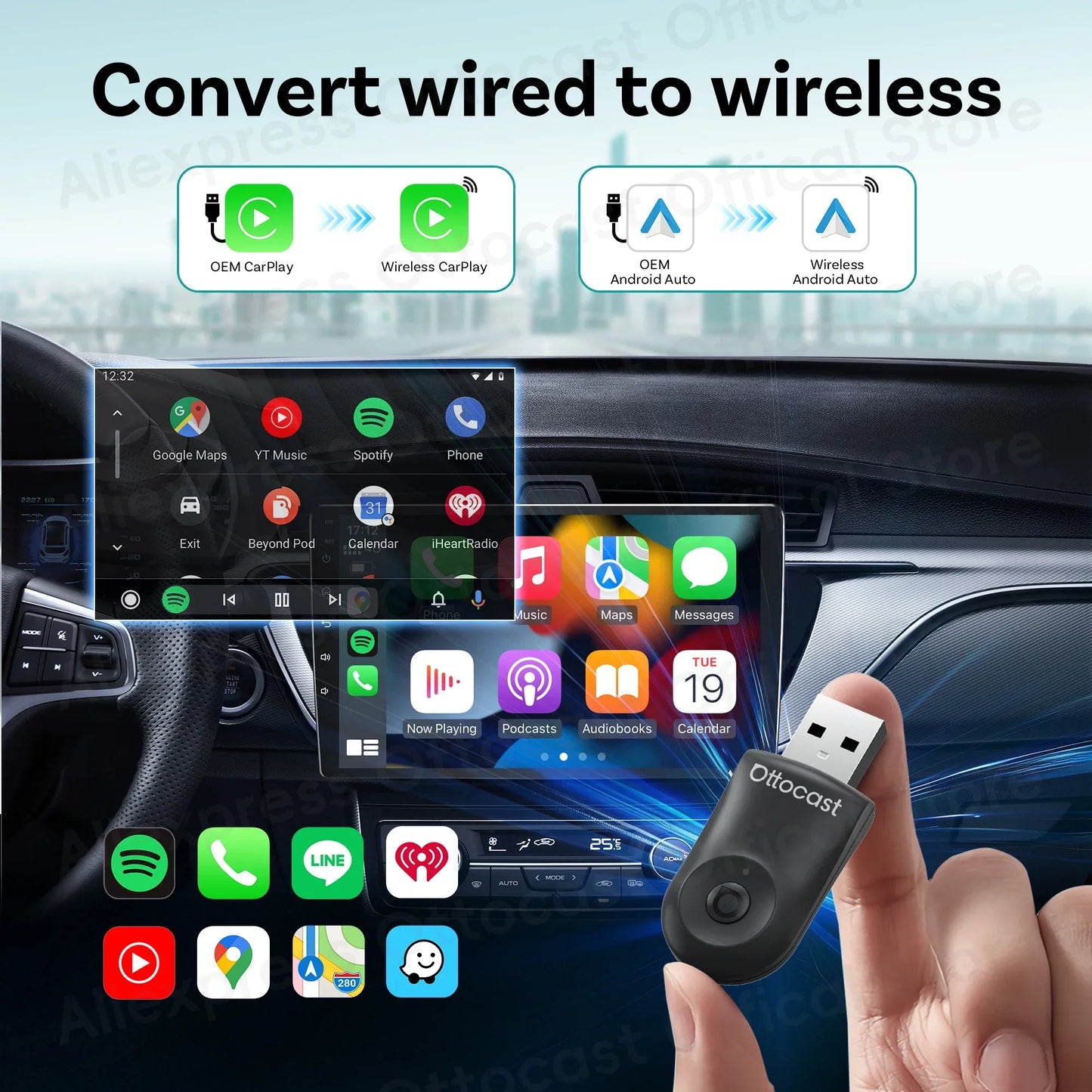 OTTOCAST Mini brezžični CarPlay in Android Auto adapter