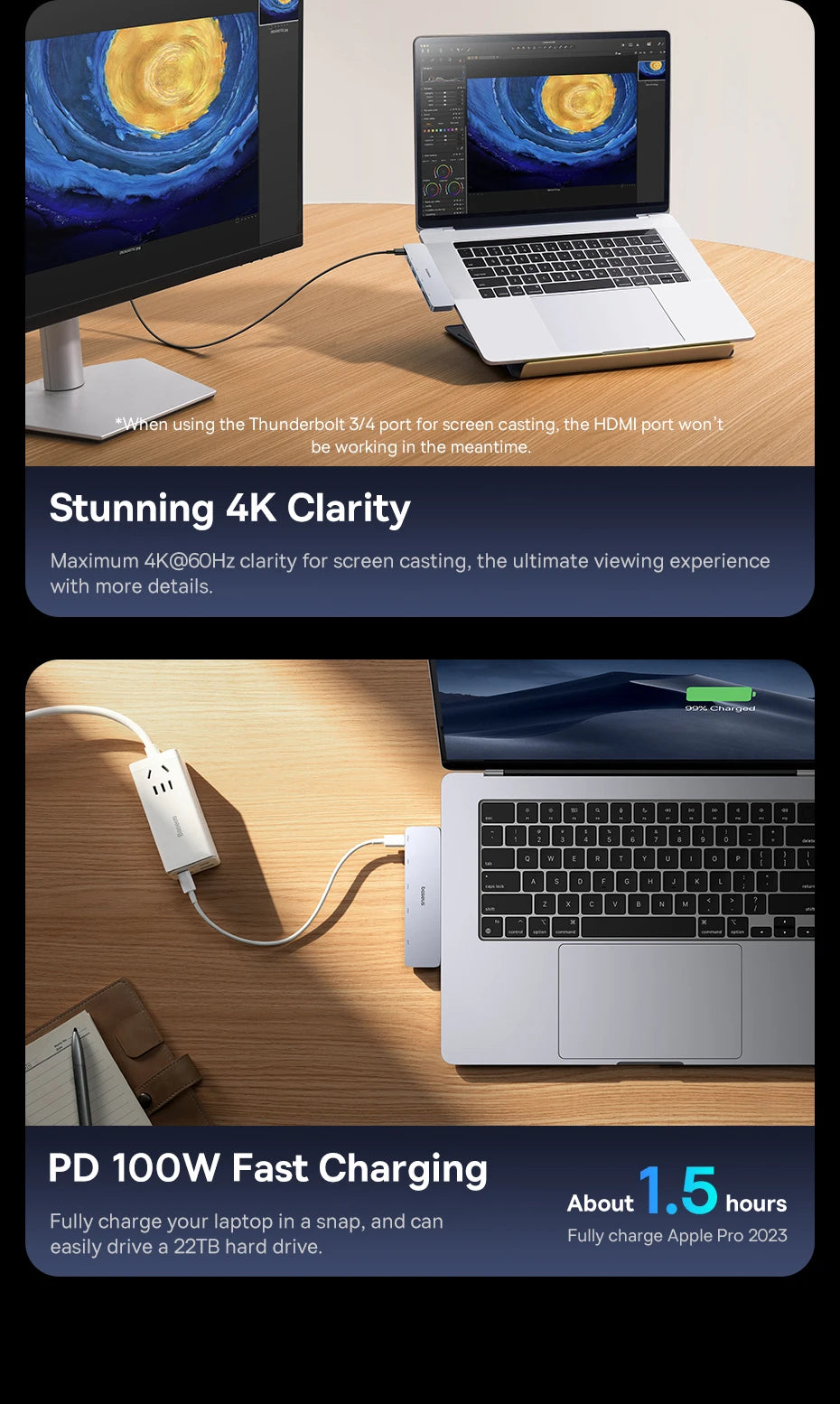 Dvojno USB-C zvezdišče Baseus | HDMI 4K@30Hz, Thunderbolt 3/4 40Gbps, USB 3.0, SD/TF