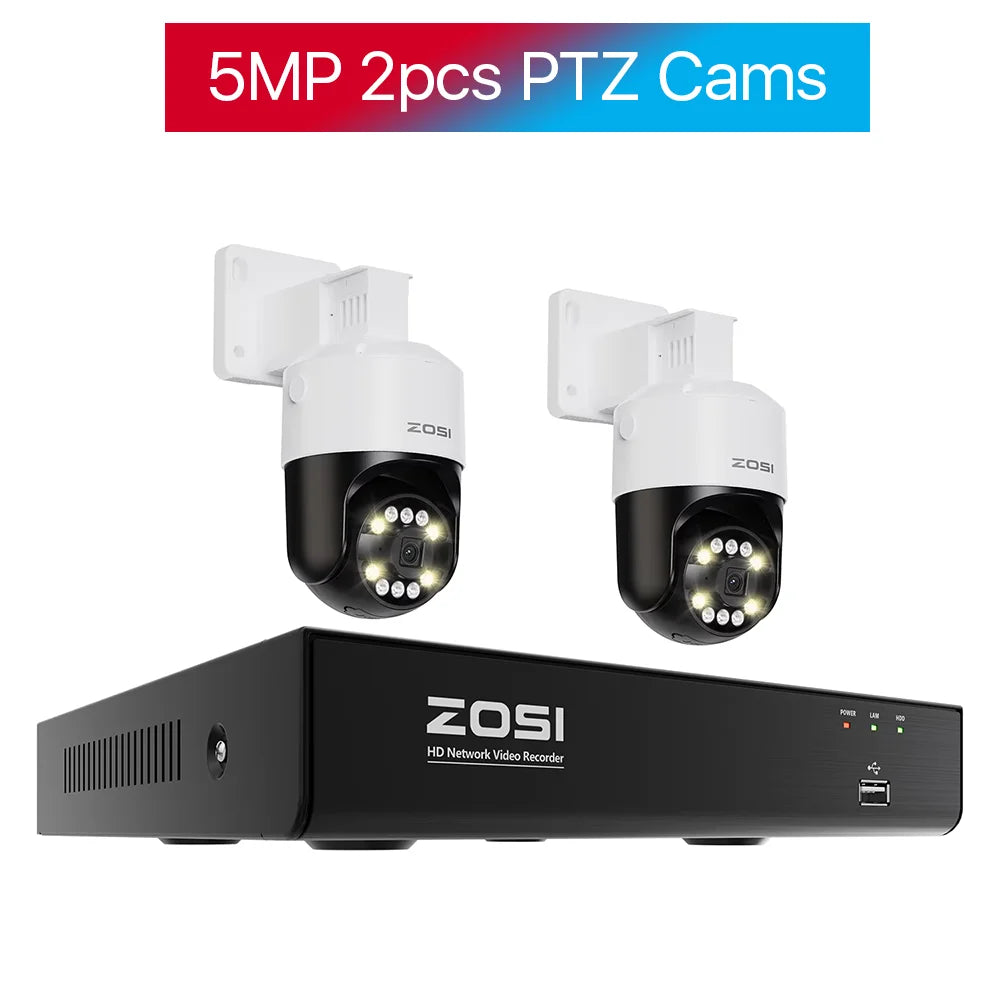 ZOSI 5MP PTZ PoE Security Camera System – 8CH 8MP NVR Kit with Two‑Way Audio | AI Face Detection