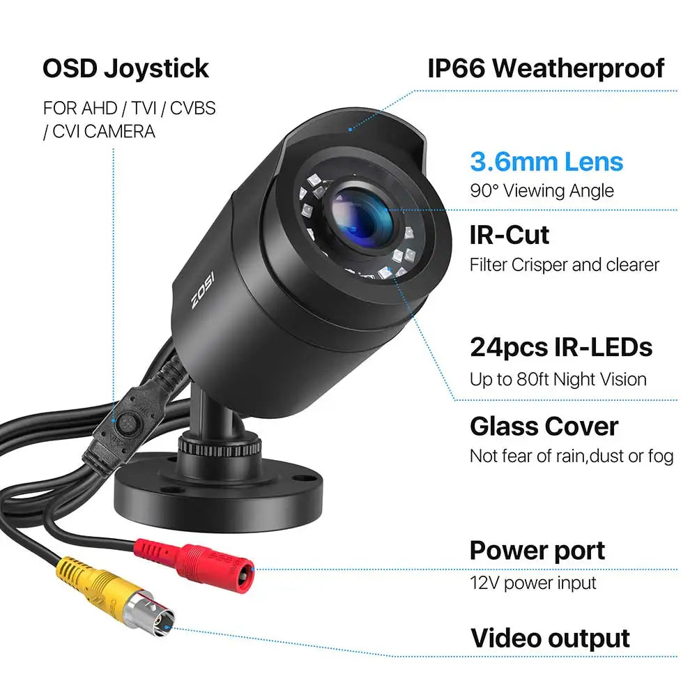 ZOSI 1080p 4-v-1 varnostna kamera – 2 MP zunanja vodoodporna CCTV s 3,6 mm objektivom, 24 IR LED-diodami in 24 m nočnega vida