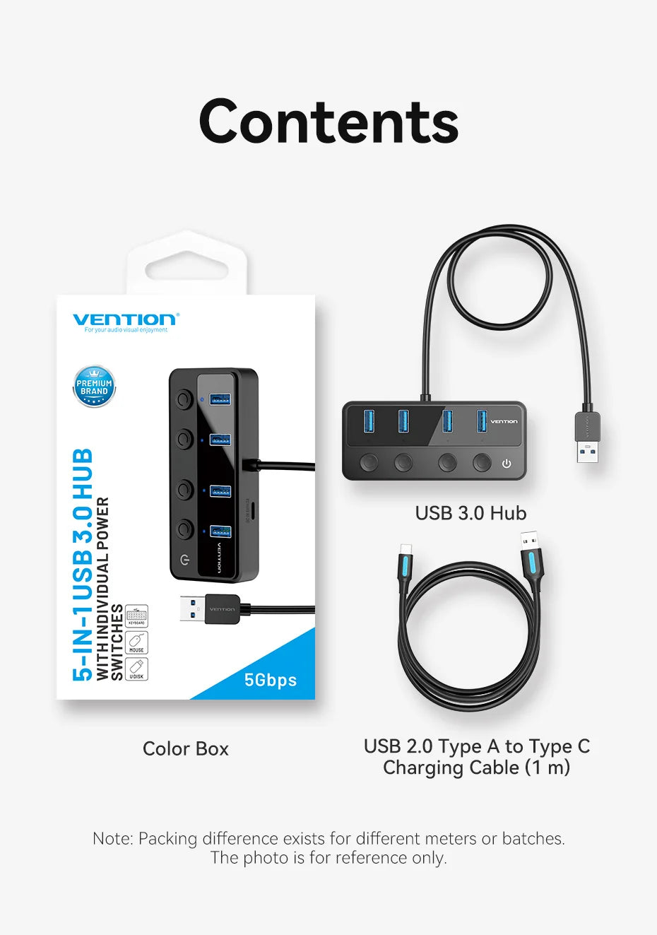 Vention USB 3.0 HUB s posameznimi stikali | 5Gbps visokohitrostni podaljšek USB-A vrat