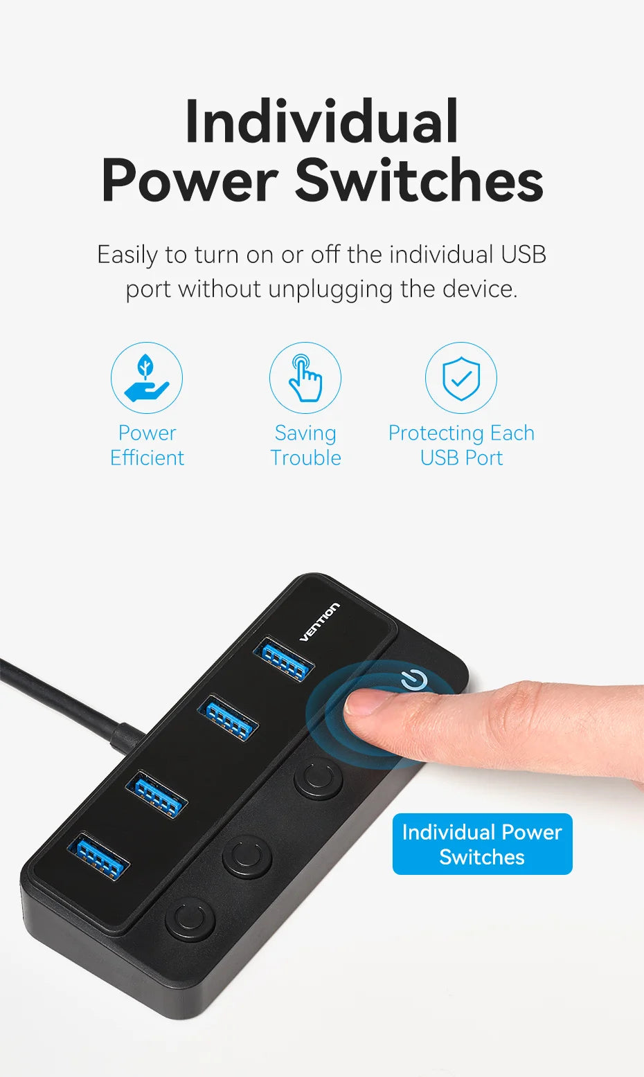 Vention USB 3.0 HUB s posameznimi stikali | 5Gbps visokohitrostni podaljšek USB-A vrat