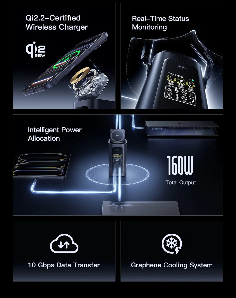 Baseus 160W 15‑v‑1 USB‑C zvezdišče | Dvojni HDMI 4K@120Hz, Qi2.2 25W brezžični polnilnik