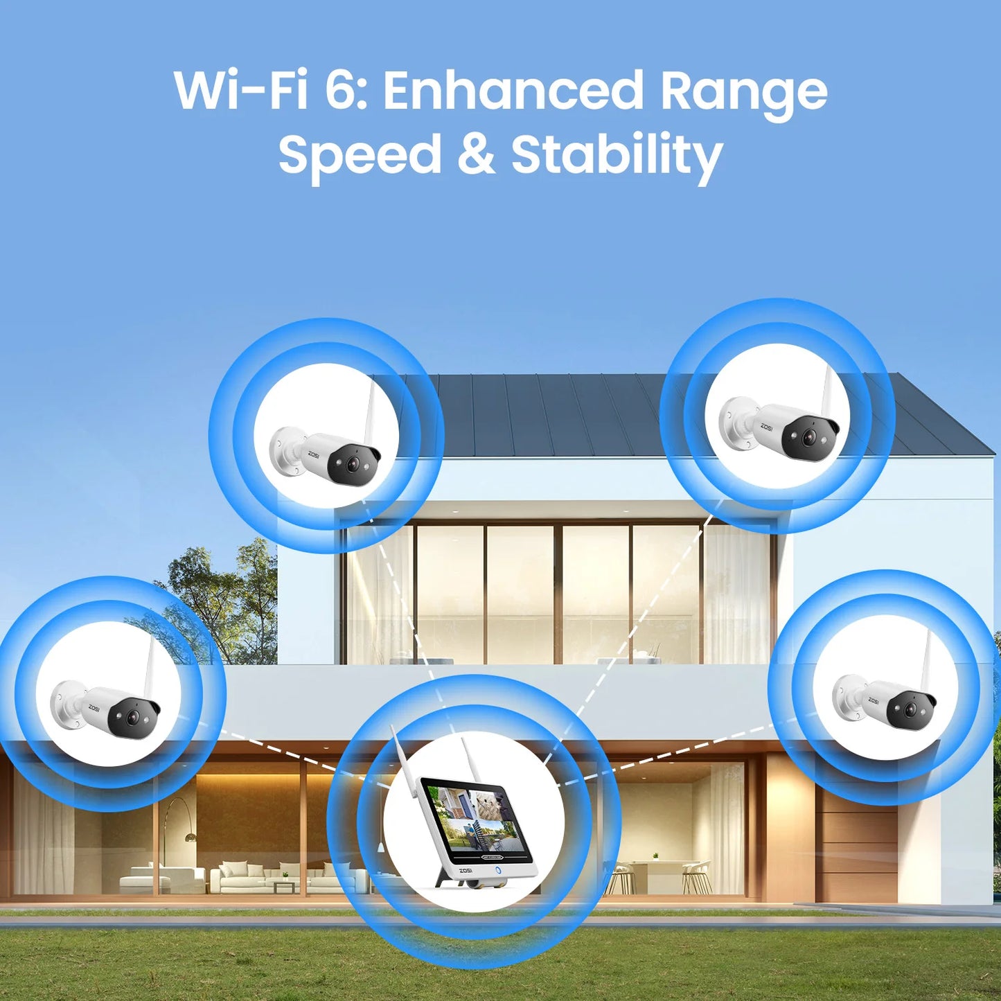 Varnostni kamerov sistem ZOSI 2K Wi-Fi 6 8-kanalni – 12'' LCD-zaslon, 3MP notranje/zunanje vtične WiFi kamere