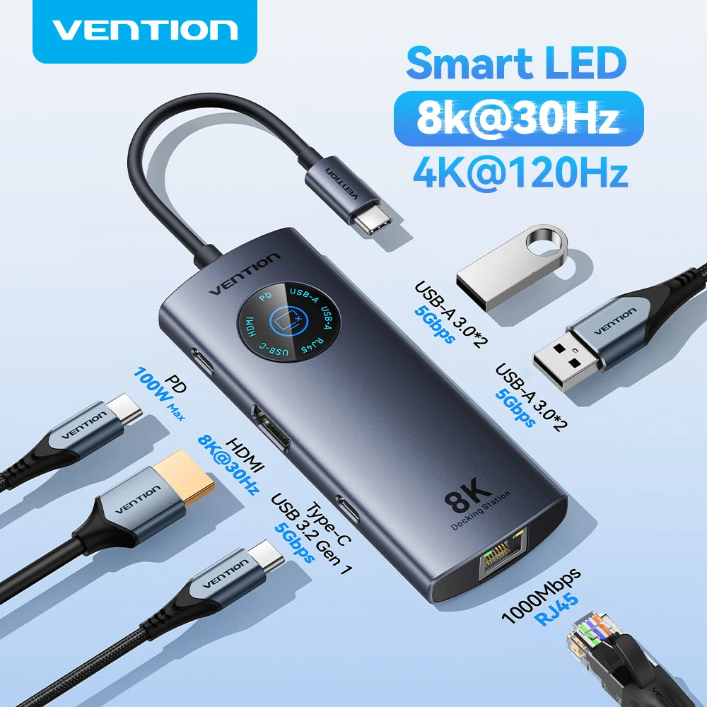 Vention vozlišče USB-C 8K/4K HDMI | LED-zaslon, USB-A/C 3.0, 3.2 Gen1, gigabitni ethernetni adapter