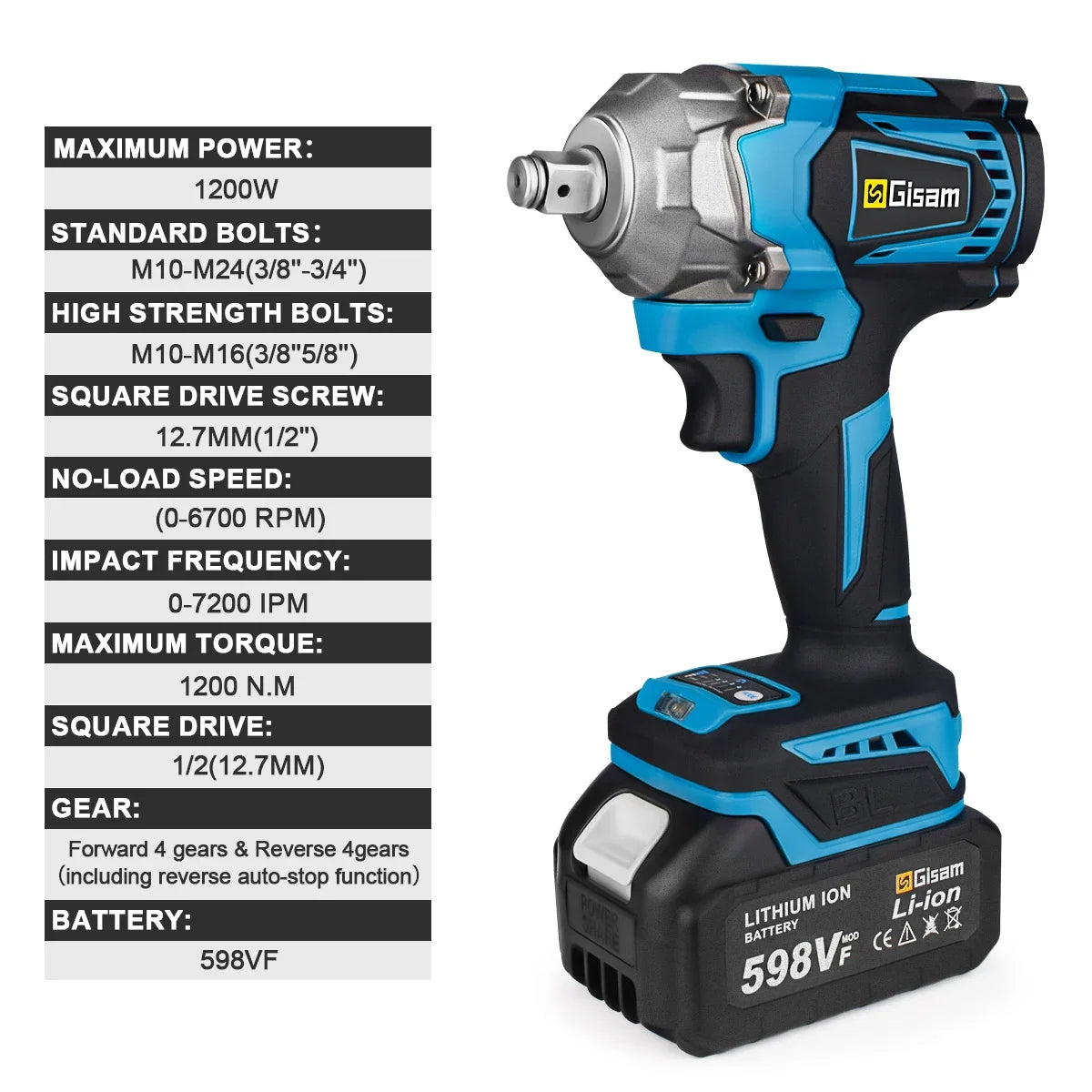 Gisam 1200Nm brezkrtačni udarni vijačnik 1/2" za Makita 18V