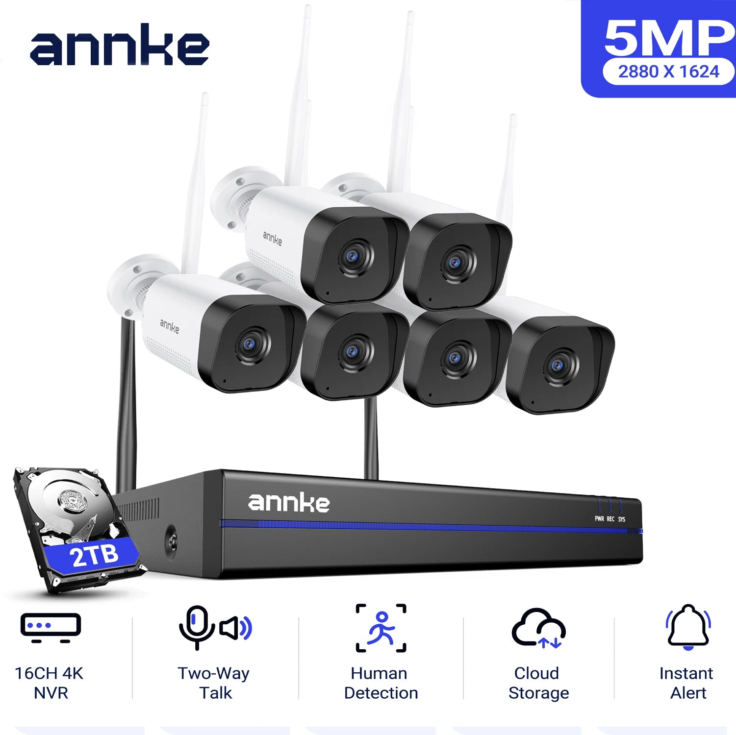 ANNKE WAS500 5MP brezžični CCTV sistem | 16-kanalni 4K NVR, WiFi kamere, dvosmerni zvok