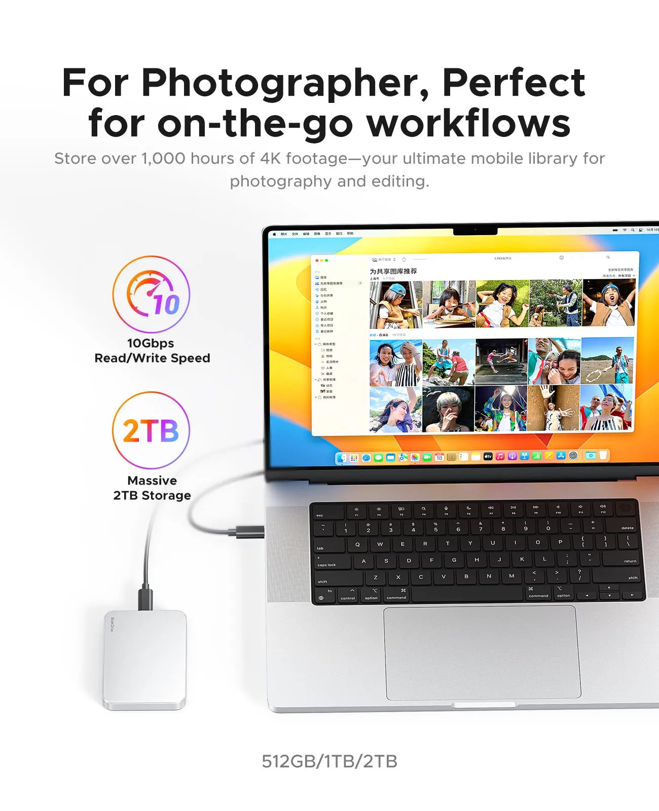 ORICO Magnetic External SSD for Macbook PRO PD100W Charging 4K ProRes HDR, 1000MB/s USB 3.2 External Drive for Tablets Laptops