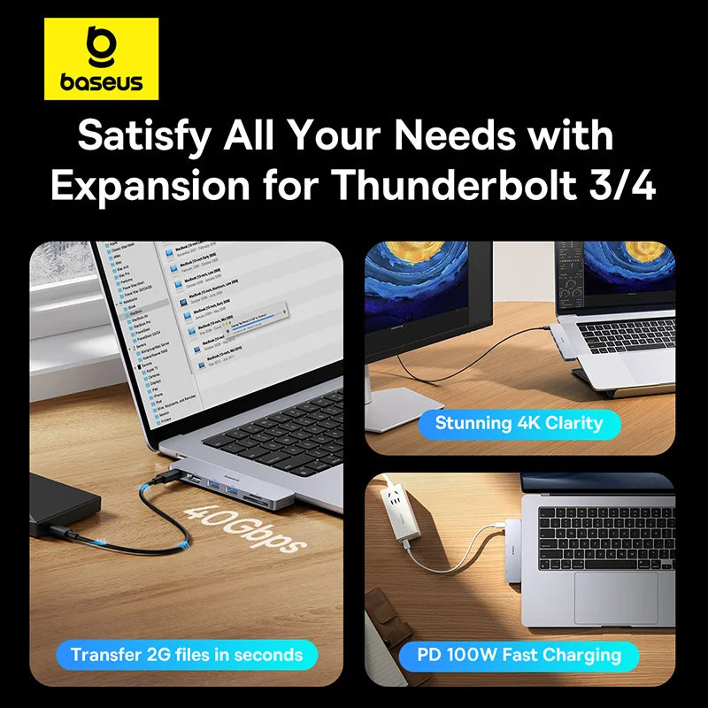 Dvojno USB-C zvezdišče Baseus | HDMI 4K@30Hz, Thunderbolt 3/4 40Gbps, USB 3.0, SD/TF