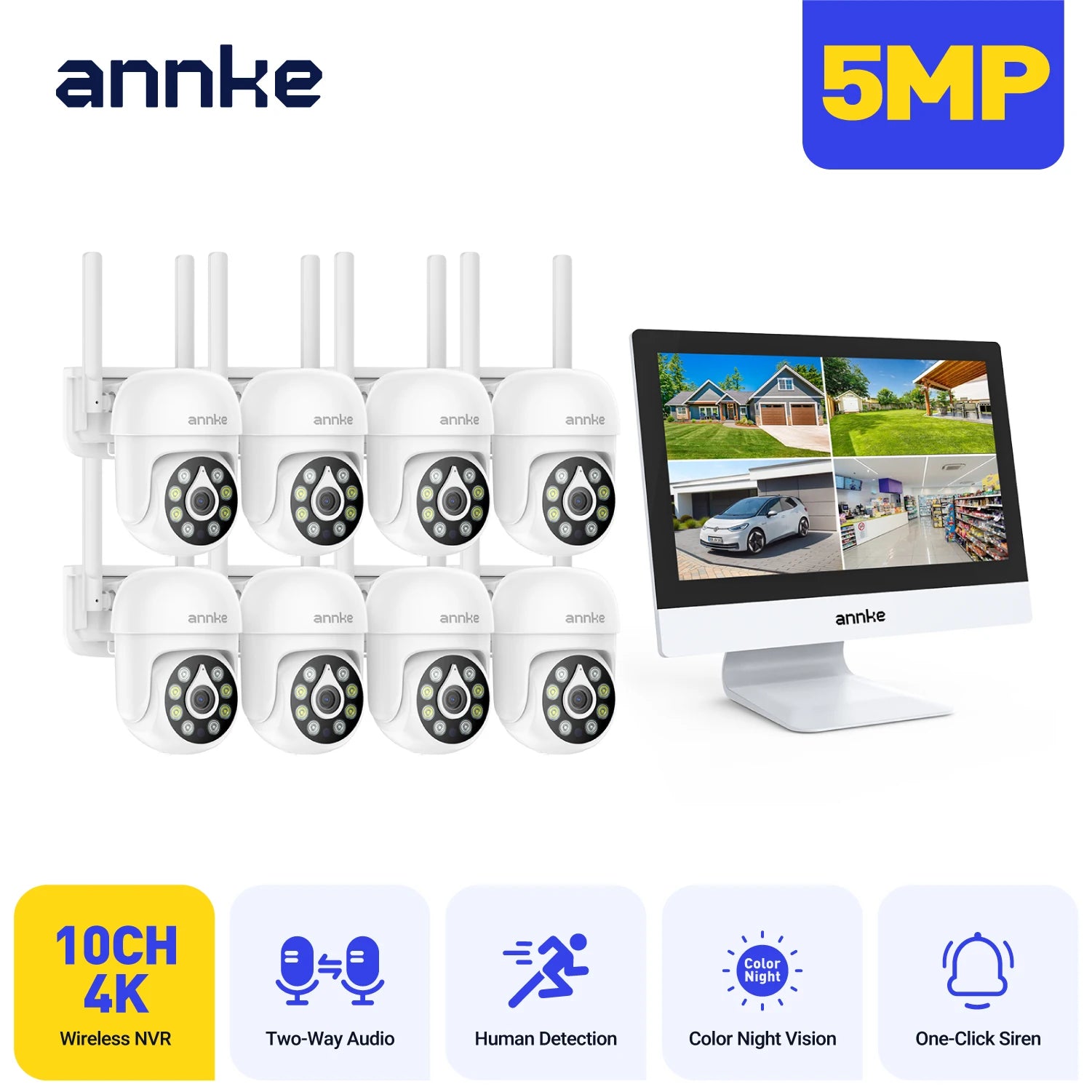 ANNKE 4MP solarni CCTV sistem | 10-kanalni NVR, 5MP PTZ WiFi kamere, PIR in barvni nočni vid