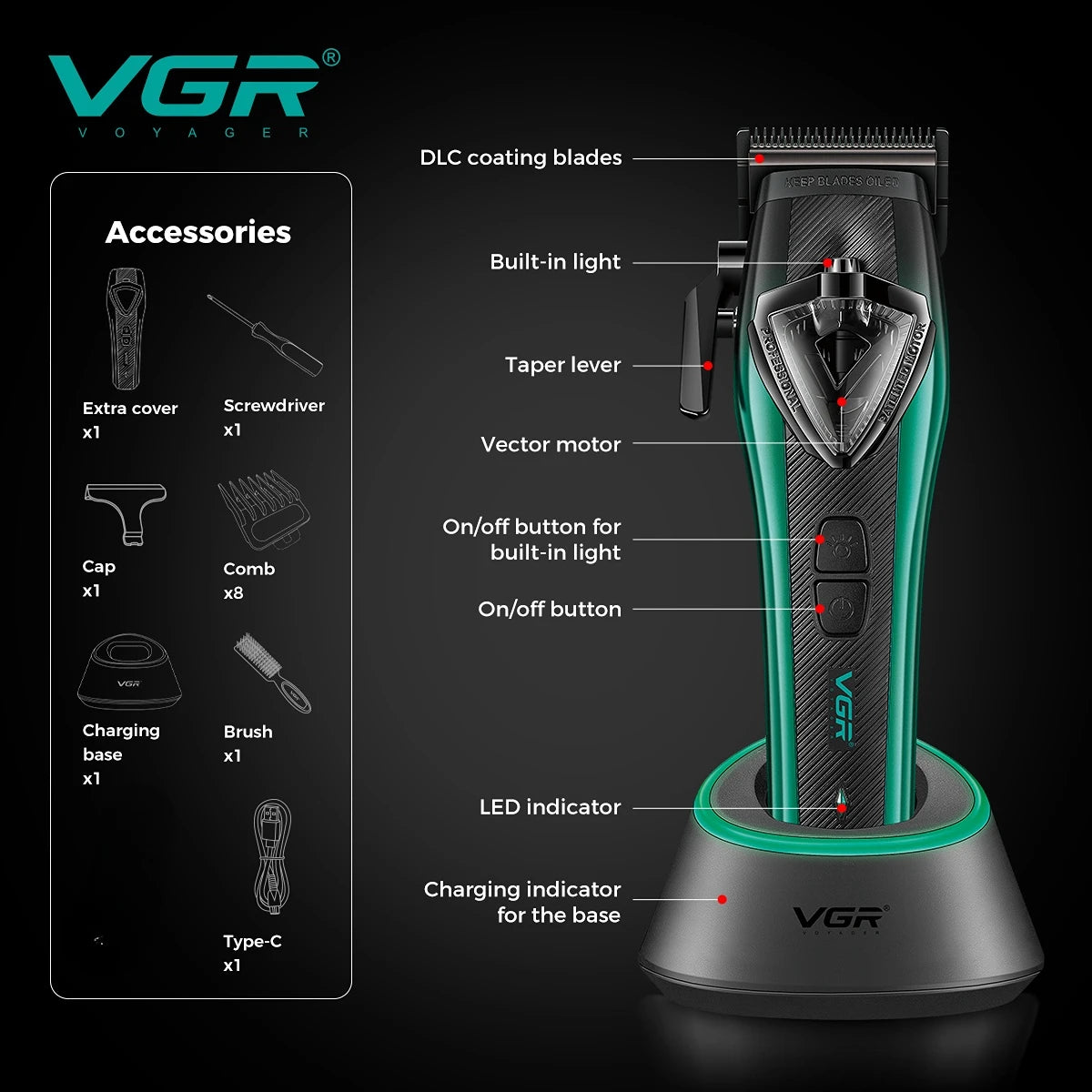 VGR Hair Trimmer Professional Hair Cutting Machine Vector Motor Hair Clipper 11000 RPM Barber Cordless Trimmer for Men V-883 S2