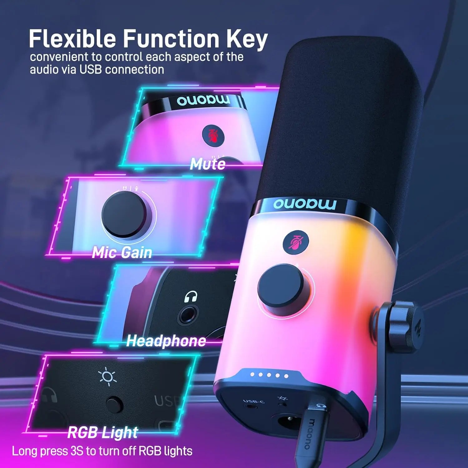 Maono PD100X – USB/XLR Dynamic RGB Gaming Microphone | Noise Reduction, Mute Button & Headphone Monitoring for Streaming & Podcasting