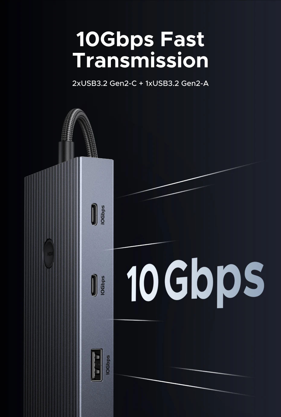 UGREEN 10Gbps USB-C zvezdišče s HDMI 4K60Hz, gigabitnim RJ45, PD100W, SD/TF in USB-A/C priključki