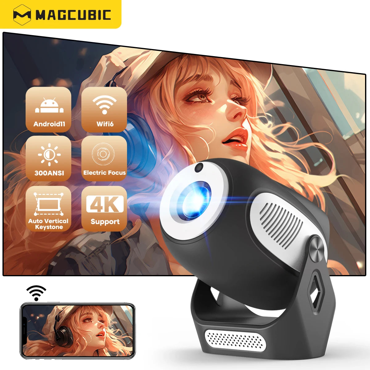 Magcubic HY300X Smart Projector | Electric Focus & WiFi 6 | 300 ANSI Android 11