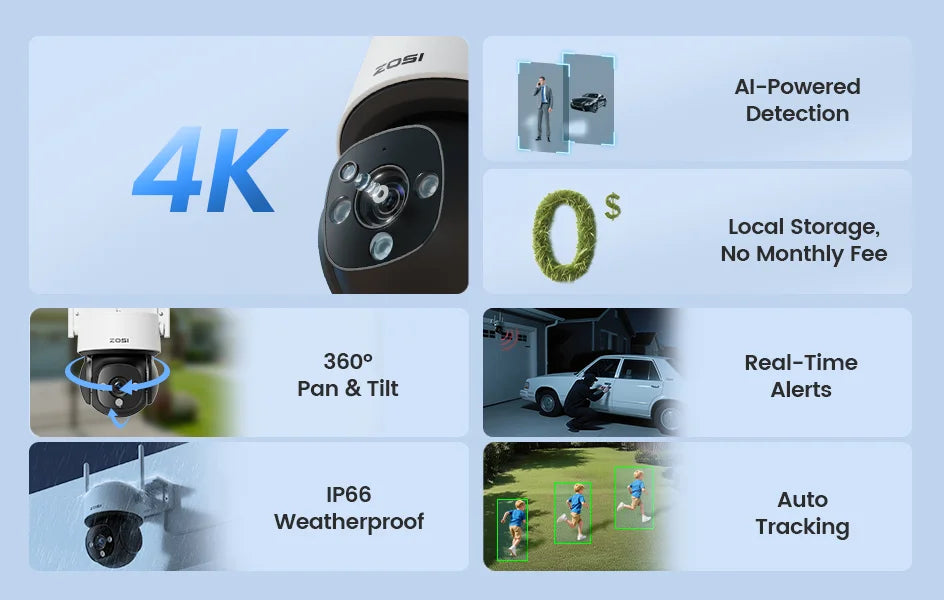 ZOSI C290 4K 8MP/4MP/2MP Outdoor PTZ WiFi Security Camera – Auto Person Tracking, 2‑Way Audio