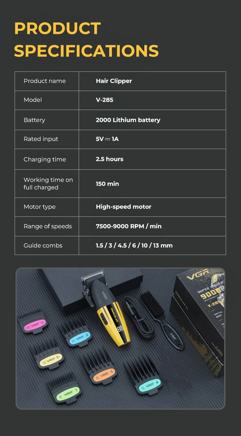 VGR V-285 Professional Hair Clipper – 9,000 RPM, 150-Min Runtime, 6 Combs