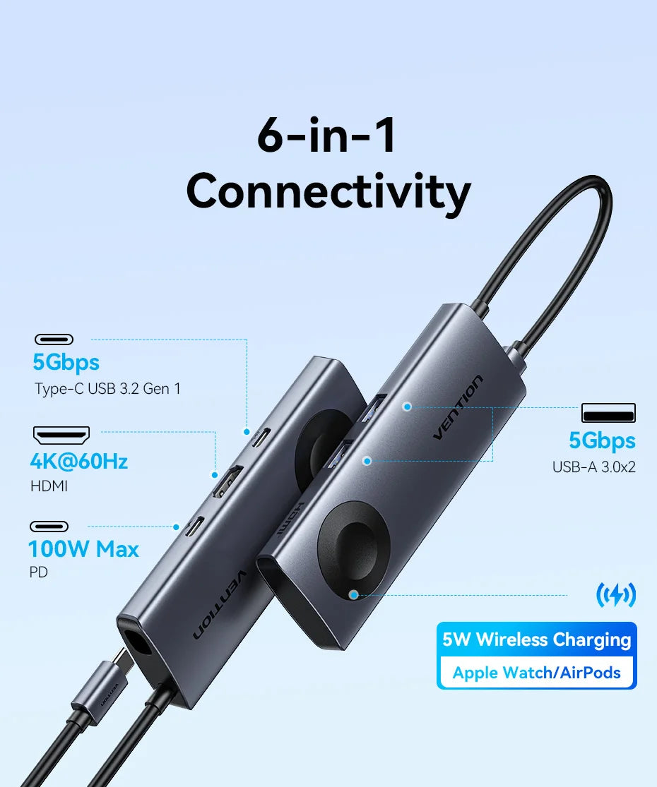 Vention USB-C zvezdišče 6-v-1 | HDMI 4K60Hz, PD 100W, USB 3.0, brezžični polnilnik za Apple Watch