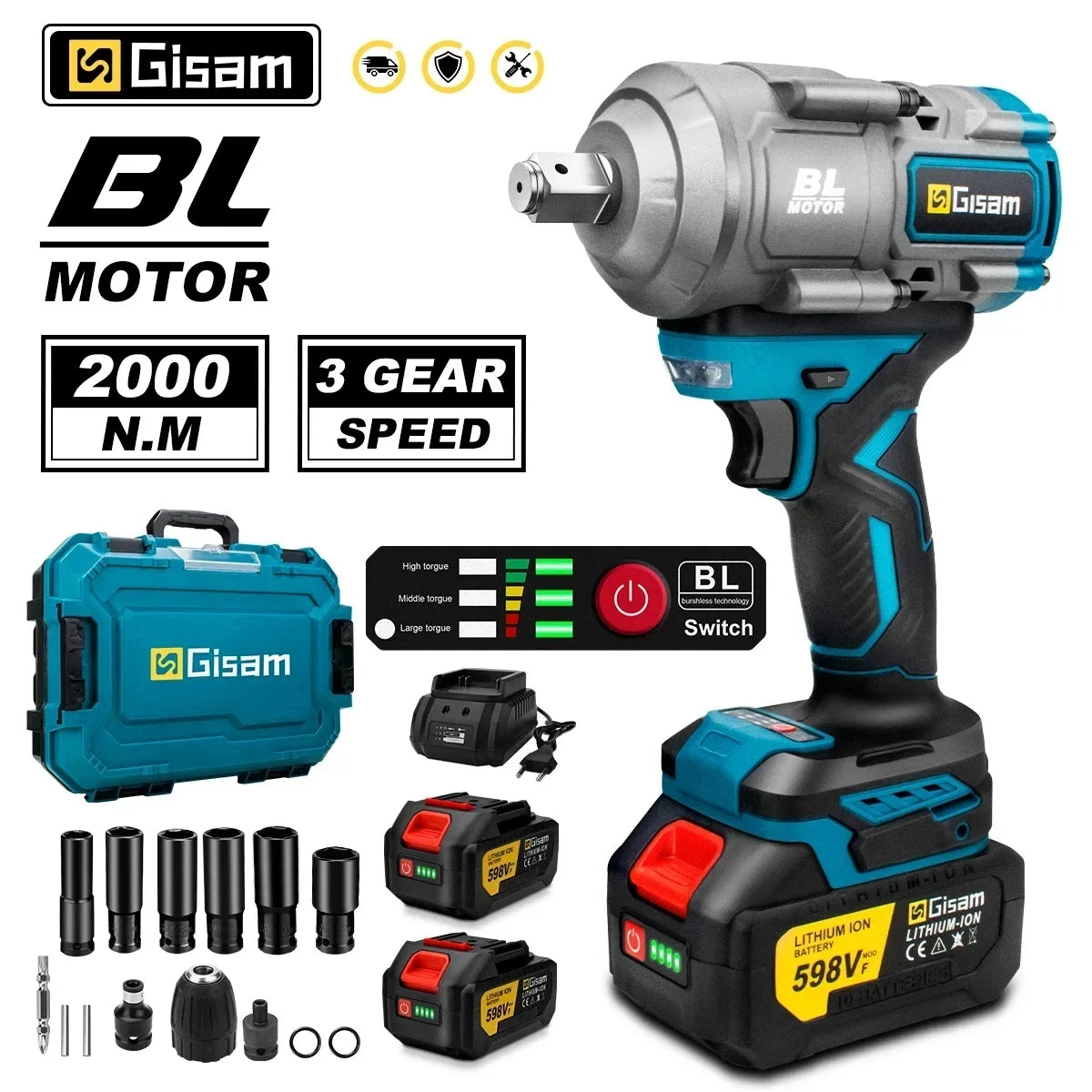 Gisam 2000Nm udarni vijačnik brez krtačk 1/2"