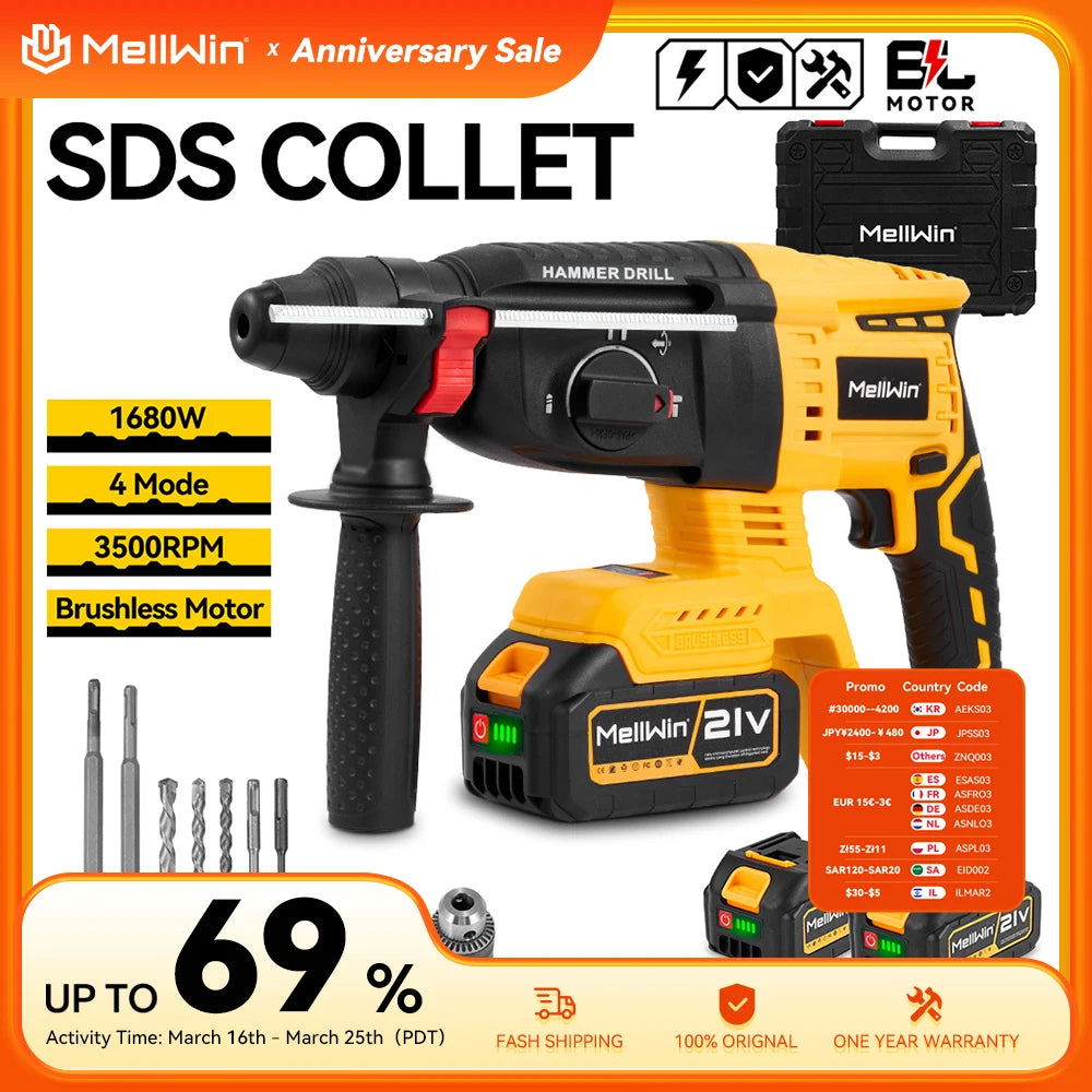 MELLWIN 26MM Brushless Electric Hammer Drill Cordless Household Rotary Impact Hammer Power Tool For Makita 18V Battery Pin - Limetastore