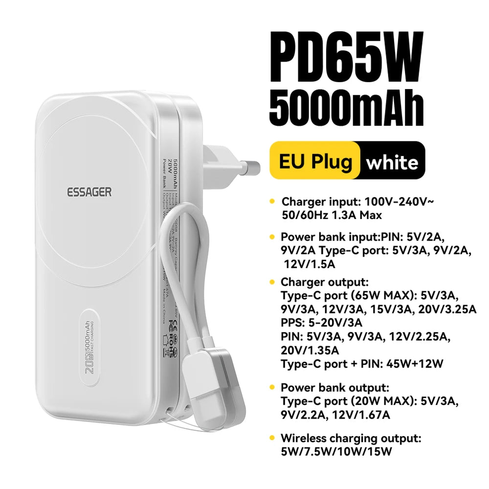 ESSAGER 3-v-1 magnetna 65W GaN polnilna baterija 5000 mAh