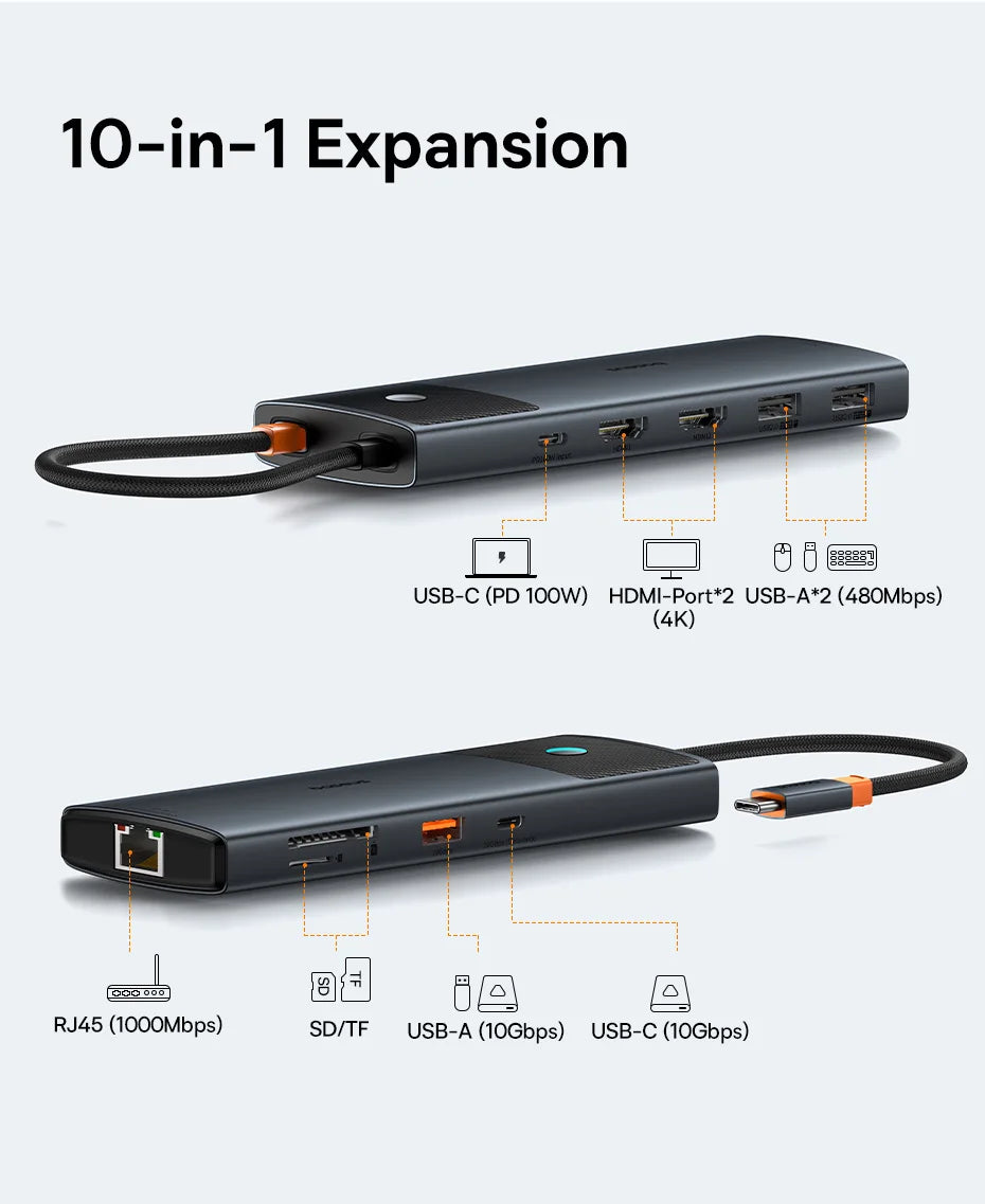 Baseus 10‑in‑1 USB‑C Hub | Dual HDMI 8K + 4K, USB 3.2 10Gbps, RJ45, SD/TF, PD 100W