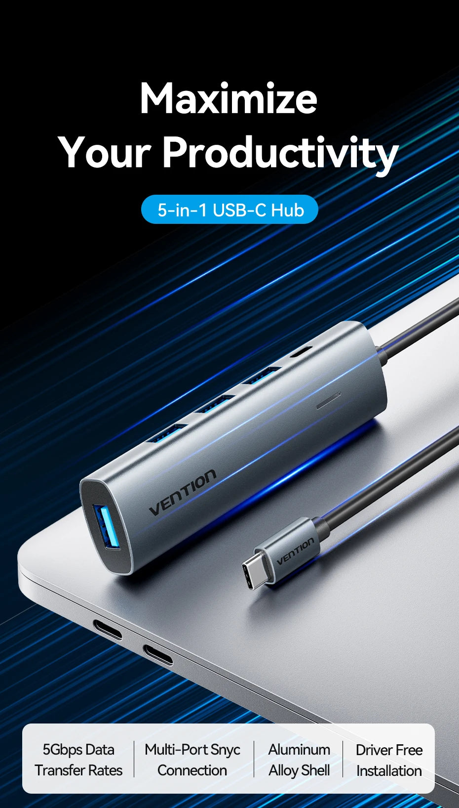 Vention USB-C v USB-A zvezdišče s 4 priključki | Visokohitrostni razdelilnik USB 3.0 za MacBook in prenosnike