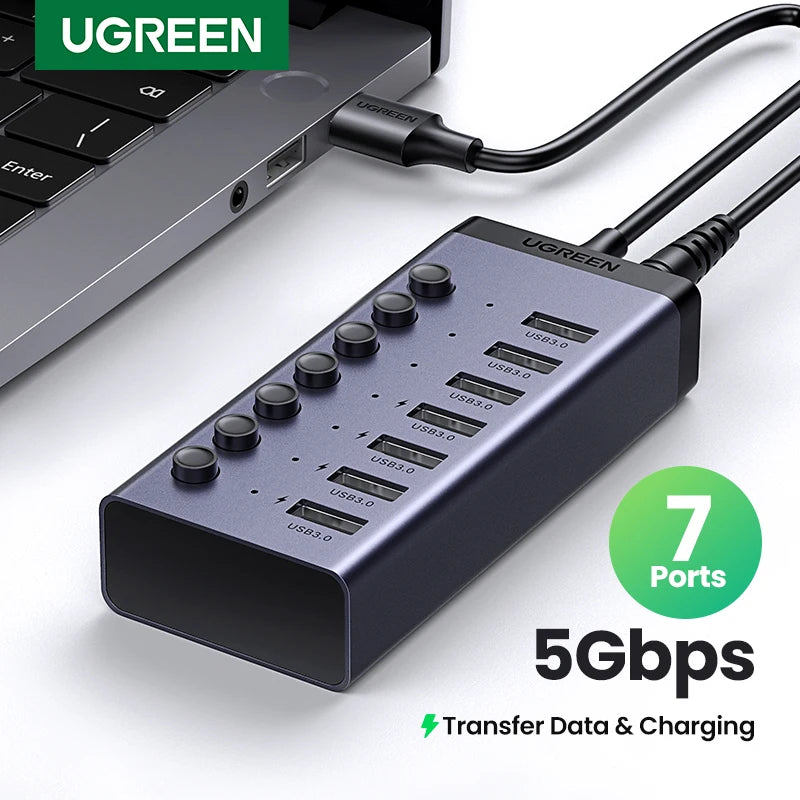 UGREEN 7‑Port USB 3.0 Hub with Individual Power Switches, 5Gbps High‑Speed Data