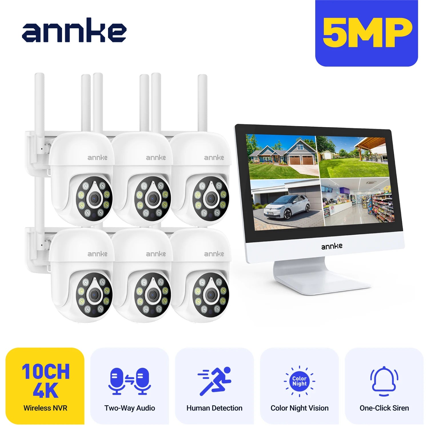 ANNKE 4MP solarni CCTV sistem | 10-kanalni NVR, 5MP PTZ WiFi kamere, PIR in barvni nočni vid