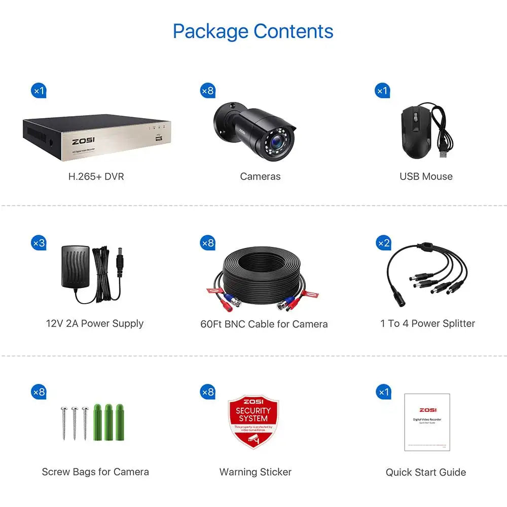 ZOSI 8-kanalni 5MP Lite CCTV varnostni sistem – H.265+ HD-TVI DVR komplet z 8 zunanjimi 1080p kamerami za nočno gledanje