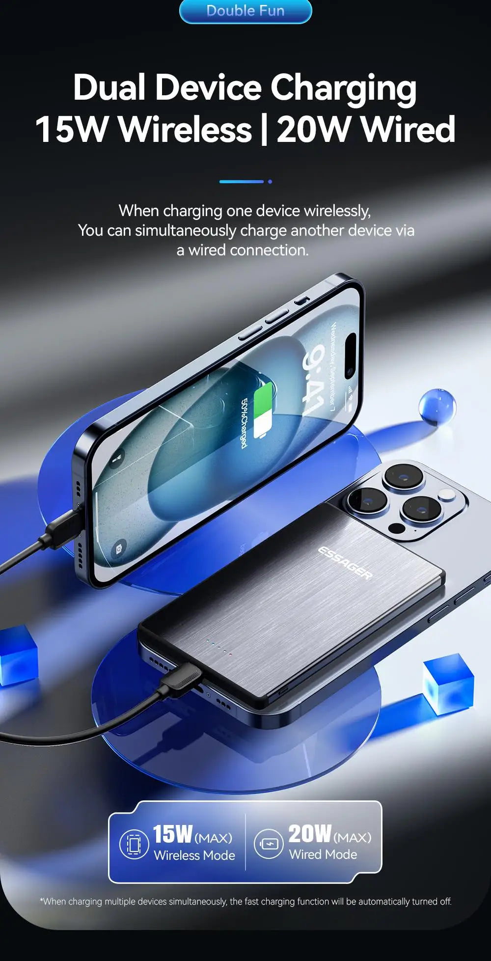ESSAGER 20W magnetni brezžični polnilnik, 5000 mAh, tanek, MagSafe