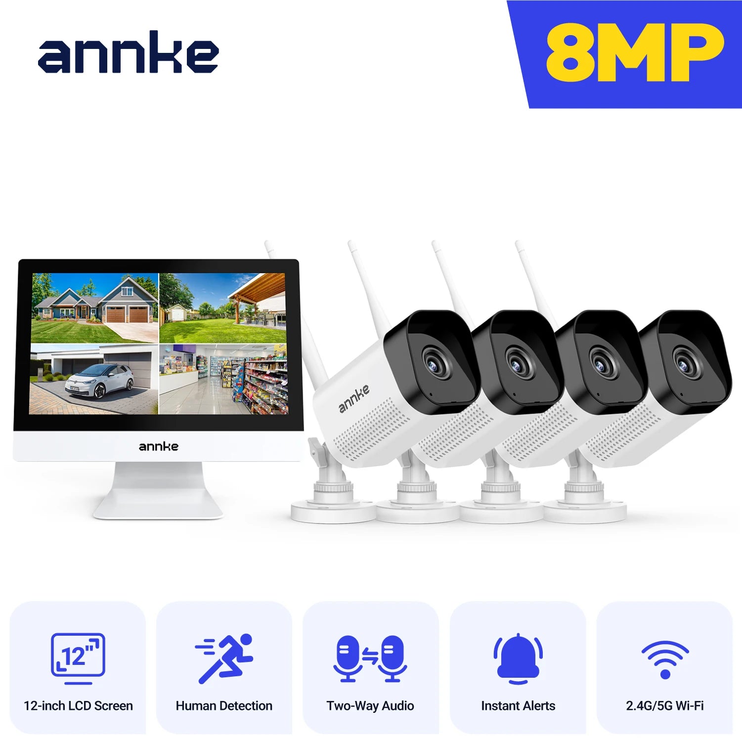 ANNKE 8MP 4K brezžični CCTV sistem | 10-kanalni NVR, dvopasovni WiFi, dvosmerni zvok, IR nočni vid