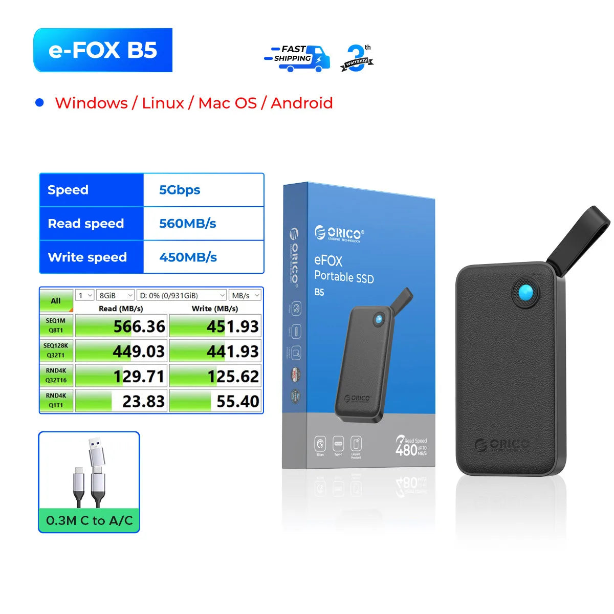 ORICO Portable External Solid State Drive External Hard Drive USB 3.2 Gen2 SSD for iPhone 15/Pro Windows Mac Lightweight