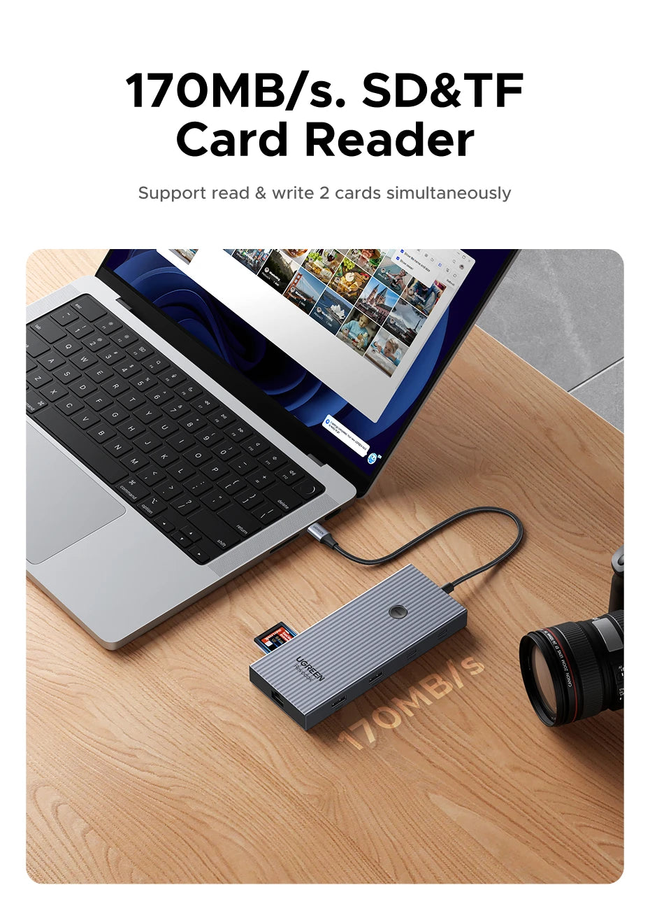 UGREEN 10Gbps USB-C zvezdišče s HDMI 4K60Hz, gigabitnim RJ45, PD100W, SD/TF in USB-A/C priključki