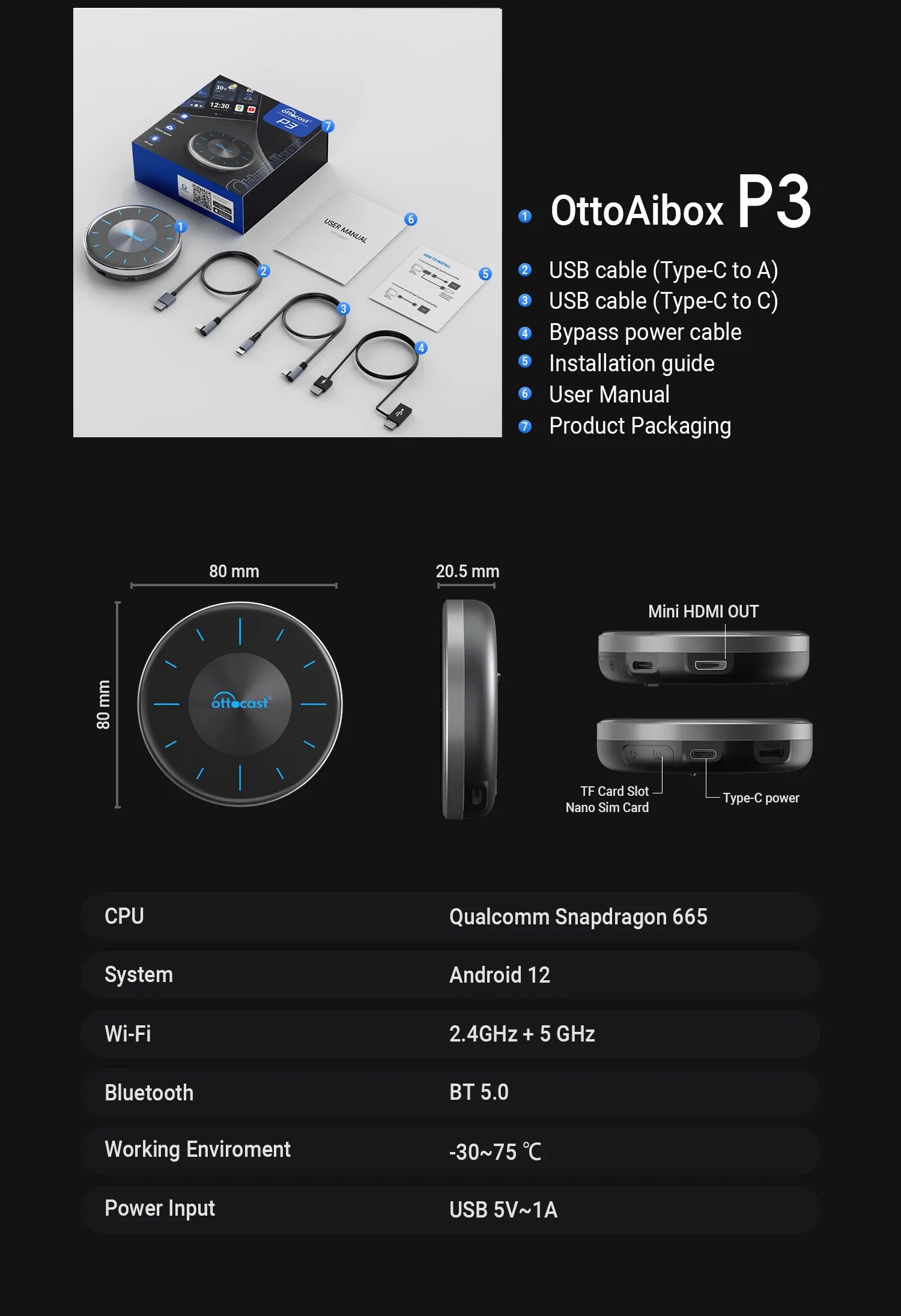 OTTOCAST Picasou 3 Brezžični CarPlay AI box s HDMI