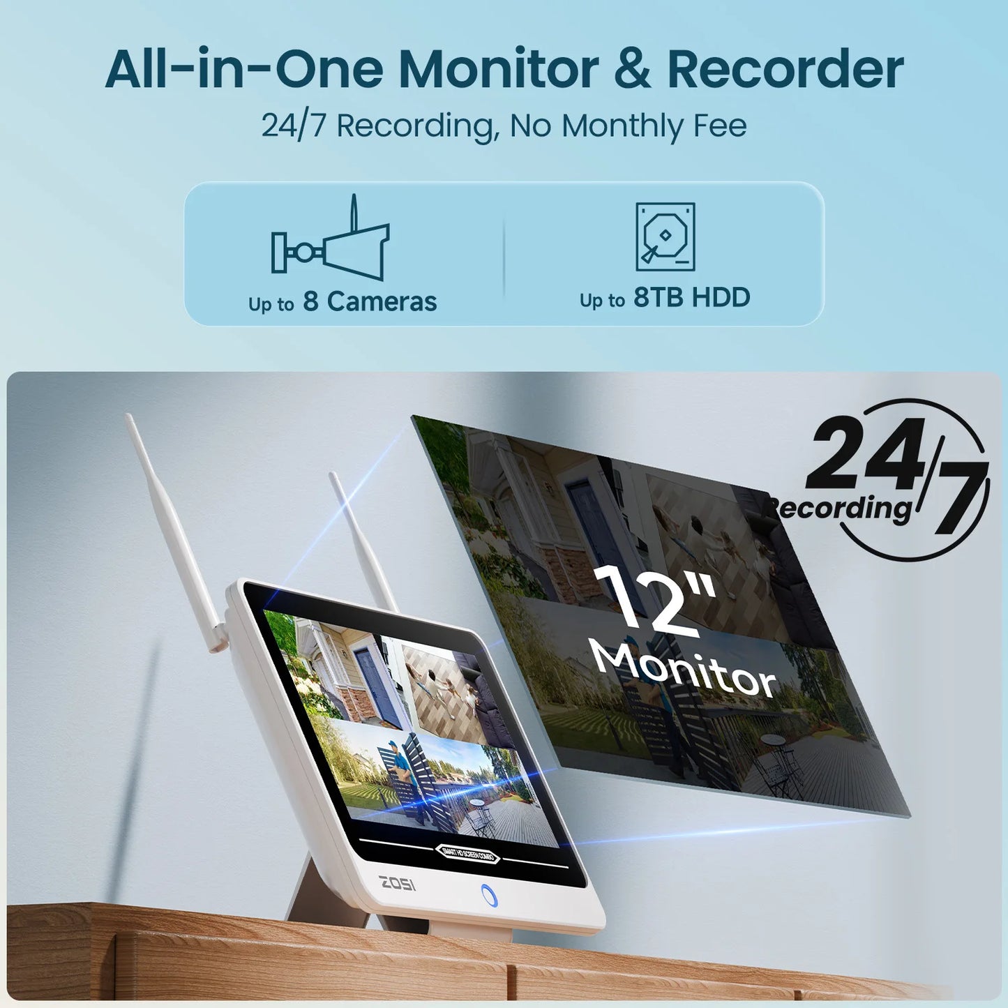 Varnostni kamerov sistem ZOSI 2K Wi-Fi 6 8-kanalni – 12'' LCD-zaslon, 3MP notranje/zunanje vtične WiFi kamere