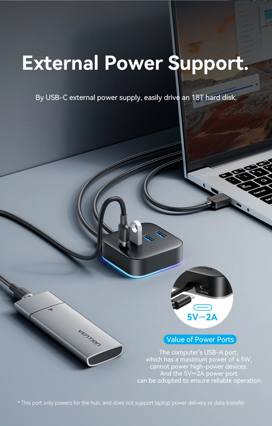 Vention USB 3.0 / USB-C 3.2 Gen1 RGB zvezdišče | 4-portni 5Gbps namizni razdelilnik za PC in prenosnik