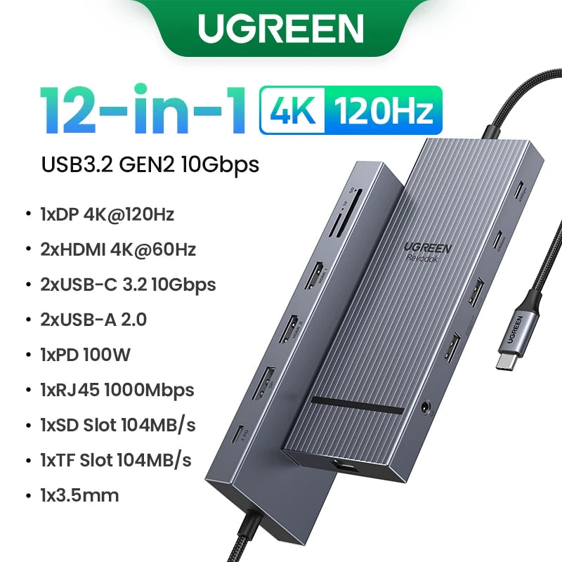 UGREEN 10Gbps USB-C zvezdišče s HDMI 4K60Hz, gigabitnim RJ45, PD100W, SD/TF in USB-A/C priključki