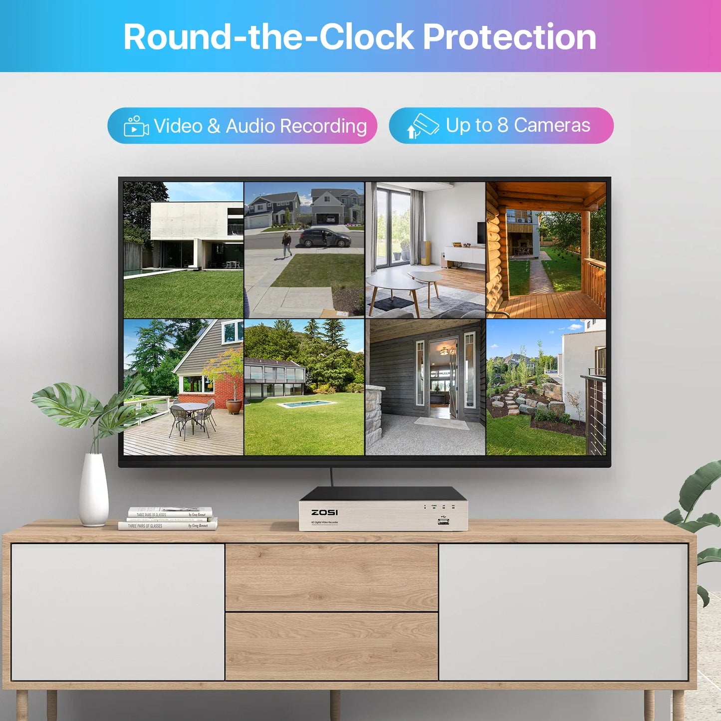 ZOSI 8CH 1080p Wired Security Camera System – H.265+ DVR Recorder with 8× 2MP Outdoor HD‑TVI CCTV Cameras